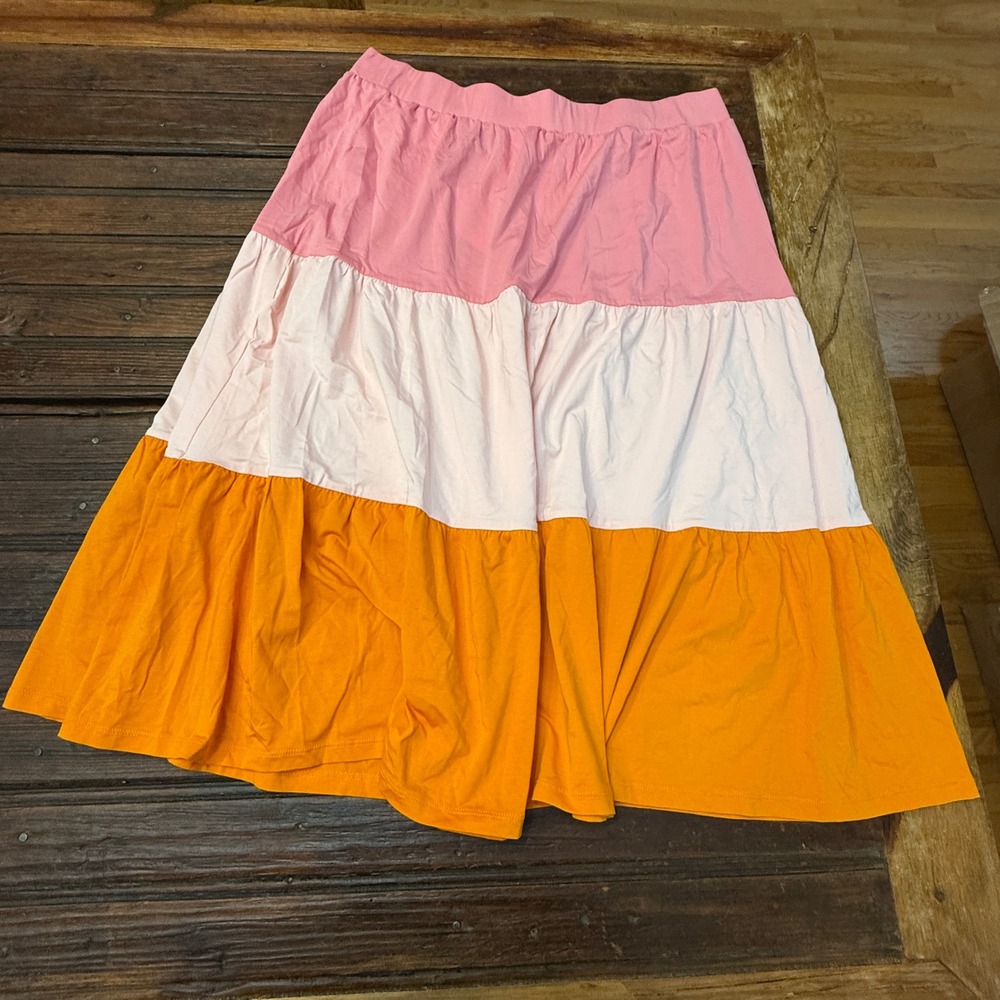 Lands End Womens 1X Colorblock Tiered Midi Skirt Pink Orange Cotton Modal NEW - Picture 2 of 9